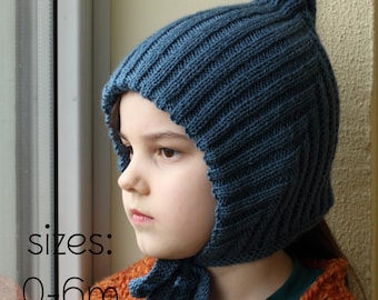 DOWNLOADABLE PDF PATTERN Elf Pixie Ribbed bonnet double thick lined easy knitting pattern baby to teen, adult, baby hat, childrens hat, dk