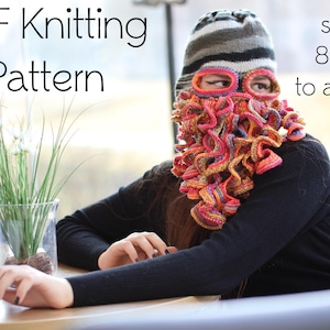 May include: A knitting pattern for a colorful octopus-style hat with a striped beanie. The pattern is available in sizes 8-12 years to adult XL.