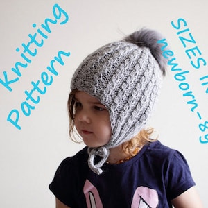 DOWNLOADABLE PDF PATTERN cable knit earflap hat, earflap bonnet knitting pattern 0-6m - 8 years newborn baby toddler child knitting tutorial