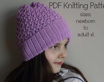 PDF Knitting Pattern, DK yarn knit pattern, slouchy beanie hat knitting pattern, slouchy hat, exquisite lace hat, newborn to adult xl sizes