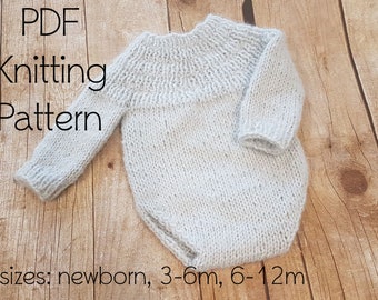 DOWNLOADABLE pdf PATTERN, knitting pattern, knit romper pattern, baby romper, newborn romper sitter romper, knit newborn photo prop pattern
