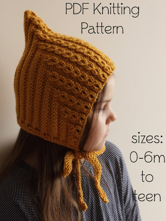 DOWNLOADABLE PDF PATTERN Elf Pixie Cabled bonnet, easy knitting pattern,  newborn to teen, diy knitting tutorial, warm hat, pixie hat pattern