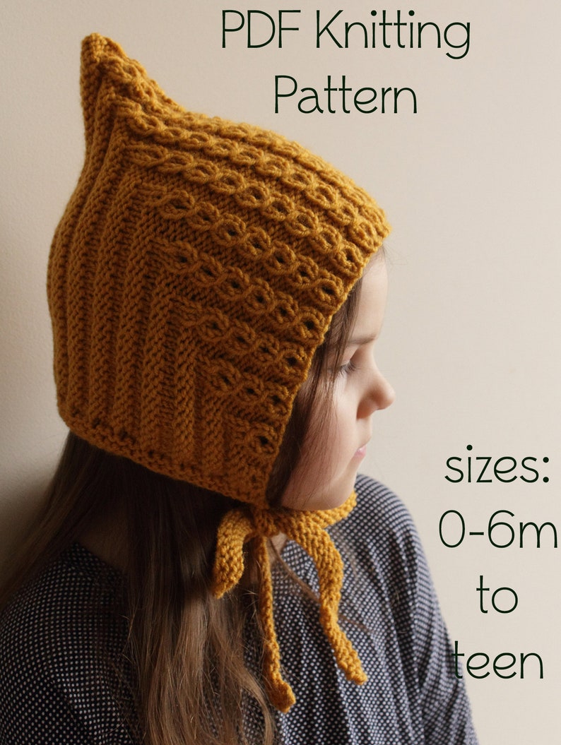 May include: A mustard yellow knitted baby bonnet with a pointed top and ties. The bonnet is made with a cable stitch pattern. The text "PDF Knitting Pattern" and "sizes: 0-6m to teen" is visible in the image.