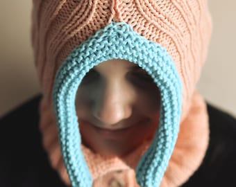 DOWNLOADABLE PDF PATTERN knit flat balaclava hat hooded scarf knitting pattern, teen to adult, knit hat tutorial, easy beginner knitting