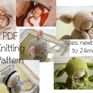 May include: Knitting pattern for a baby hat with ears in various colors, including gray, beige, green, and striped. The pattern includes sizes from newborn to 24 months. PDF Knitting Pattern.