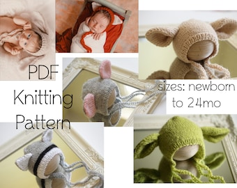 PDF KNITTING PATTERN baby bonnet pattern, photography prop pattern, photo prop, animal hat, bunny bonnet, fox bonnet, raccoon bonnet