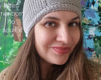 PDF Knitting Pattern, Aran yarn, knit flat beanie hat knitting pattern, unisex beanie hat newborn to adult xl, easy knitting pattern