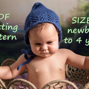 May include: A blue knitted baby hat with a pointed crown and a tie. The hat is on a baby's head. The text "PDF Knitting Pattern" and "SIZES: newborn to 4 years" is visible in the image.