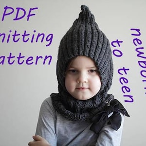 May include: A gray knitted hat and scarf set with a pointed top. The hat has a fold-down brim and the scarf is tied with a black ribbon. The set is for newborns to teens. The text "SIZES: newborn to teen" is written in purple on a white background.