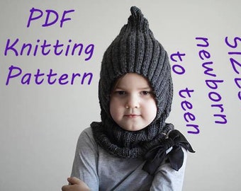 DOWNLOADBARE PDF-PATROON bivakmuts pixie elf hoed sjaal met capuchon breipatroon voor aran pasgeboren tot tiener gebreide muts tutorial, dikke muts patroon