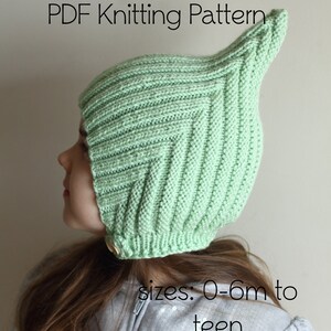 May include: A green knitted hat with a pointed top, designed for children. The hat is shown on a child's head, with the text "PDF Knitting Pattern" and "sizes: 0-6m to teen" visible below.
