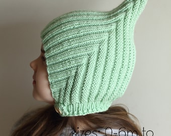 DOWNLOADABLE PDF PATTERN Elf Pixie Ribbed bonnet with wide ties or button strap easy knitting pattern baby to teen, baby hat, childrens hat