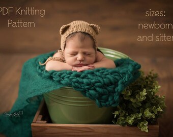 Patrón de punto PDF, gorro de oso bebé, gorro de orejas de oso fácil, gorro de oso sin coser, gorro de recién nacido, gorro de niñera, accesorio de fotografía, accesorio de fotografía