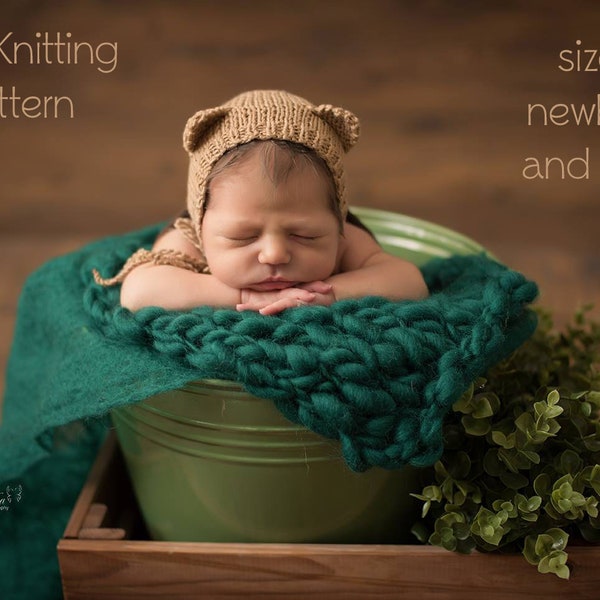 PDF Knitting Pattern, baby bear bonnet, easy bear ears bonnet, no sew bear hat, newborn bonnet, sitter bonnet, photography prop, photo prop