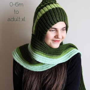 May include: A knitted green and light green hood and scarf set. The hood has a pointed top and is striped. The scarf is a matching color and design. The text "PDF Knitting Pattern" and size range "0-6m to adult xl" are visible.