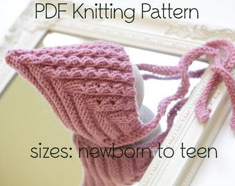 DOWNLOADABLE PDF PATTERN Elf Pixie Textured bonnet, easy knitting pattern, newborn to teen, diy knitting tutorial warm hat pixie hat pattern