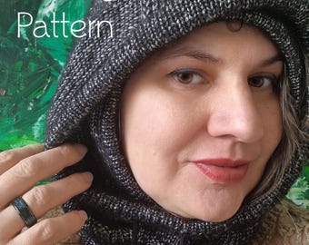 DOWNLOADABLE PDF PATTERN balaclava hoodie warm hat hooded scarf knitting pattern, adult knit hat tutorial, knit winter headwear, worsted