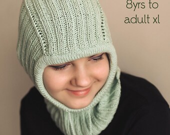 DOWNLOADABLE PDF PATTERN knit ski mask balaclava hat hooded scarf knitting pattern, teen to adult, knit hat tutorial, easy beginner knitting