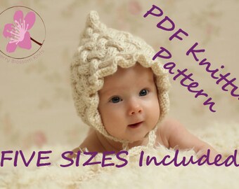 DOWNLOADABLE PDF PATTERN braided cables bonnet knitting pattern nb 0-3 3-6 6-12 12-24 newborn to toddler diy knitting knit hat tutorial