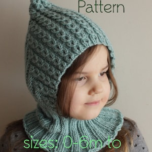 May include: A teal blue knitted hooded hat with a textured pattern. The hat is shown on a child and has a ruffled edge. The text "PDF Knitting Pattern" and "sizes: 0-6m to teen" is visible in the image.