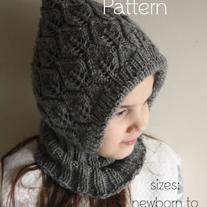 DOWNLOADABLE PDF PATTERN balaclava pixie elf hat hooded scarf knitting pattern newborn to teen knit hat tutorial leaf lace lined winter hat