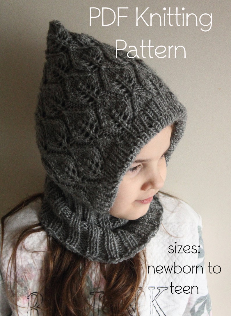 DOWNLOADABLE PDF PATTERN balaclava pixie elf hat hooded scarf knitting pattern newborn to teen knit hat tutorial leaf lace lined winter hat image 1