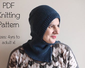 DOWNLOADABLE PDF PATTERN balaclava easy beginner friendly hat hooded scarf knitting pattern, child to adult, child knit hat tutorial