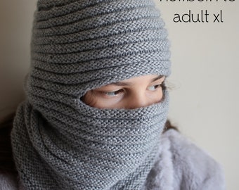 DOWNLOADABLE PDF PATTERN balaclava easy ribbed hat hooded scarf knitting pattern, newborn to teen, toddler, baby, child knit hat tutorial