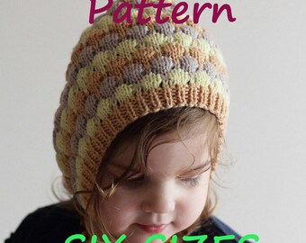 DOWNLOADABLE PDF PATTERN three color bonnet, bubble bonnet, knit baby bonnet, knitting pattern size nb to 4 years easy diy knitting tutorial