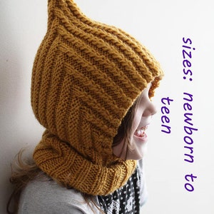 DOWNLOADABLE PDF PATTERN balaclava pixie elf hat hooded scarf knitting pattern for aran newborn to teen knit hat tutorial child balaclava