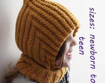 Modèle de tricot écharpe à capuche bonnet lutin cagoule PDF TÉLÉCHARGEABLE pour Aran du nouveau-né à l'adolescent tutoriel bonnet en tricot cagoule enfant