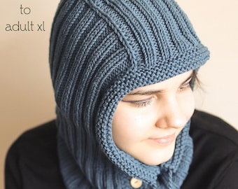 DOWNLOADABLE PDF PATTERN knit flat balaclava hat hooded scarf knitting pattern, teen to adult, knit hat tutorial, easy beginner knitting