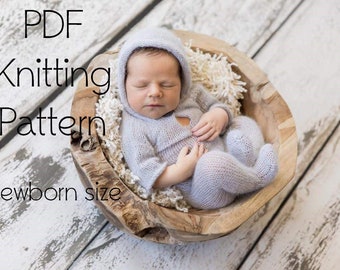 DOWNLOADABLE PDF PATTERN, knitting pattern, romper pattern, hooded pajamas, newborn romper, newborn photo prop, knit footed hooded sleeper