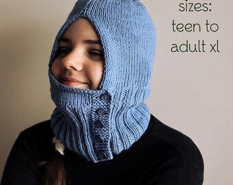DOWNLOADABLE PDF PATTERN knit flat balaclava hat hooded scarf knitting pattern, teen to adult, knit hat tutorial, easy beginner knitting