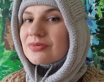 DOWNLOADABLE PDF PATTERN balaclava hoodie extra thick hat hooded scarf knitting pattern, adult knit hat tutorial, knit winter headwear, aran