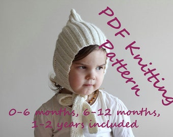 PATRON PDF TÉLÉCHARGEABLE Elf Pixie Bonnet côtelé avec de larges attaches Patron facile à tricoter 0-6, 6-12, 12-24 Tutoriel de tricot bricolage facile bonnet chaud