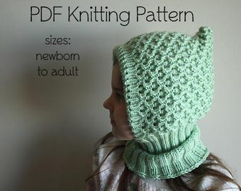 DOWNLOADABLE PDF PATTERN balaclava pixie elf hat hooded scarf knitting pattern newborn to adult knit hat tutorial lace lined winter hat
