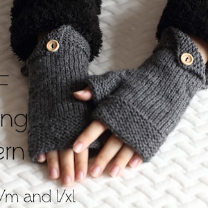May include: A PDF knitting pattern for fingerless gloves with a button detail. The pattern is available in sizes small/medium and large/extra large.