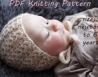 pdf knitting pattern, pdf knitting tutorial, baby bonnet, newborn bonnet, toddler bonnet, lace bonnet, knit pattern baby, bonnet pattern