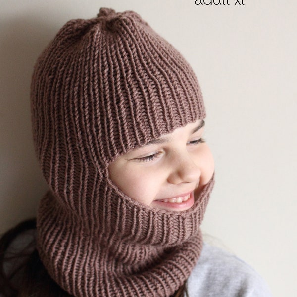 DOWNLOADABLE PDF PATTERN balaclava easy ribbed hat hooded scarf knitting pattern, newborn to adult, toddler, baby, child knit hat tutorial