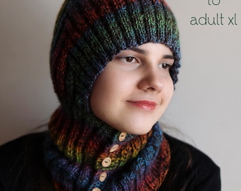 Patrón de tejido para capucha con cicatriz en PDF - Pasamontañas Pixie de lana peinada, tallas desde recién nacido hasta adulto XL, por autor publicado - Descarga instantánea - Tejido plano