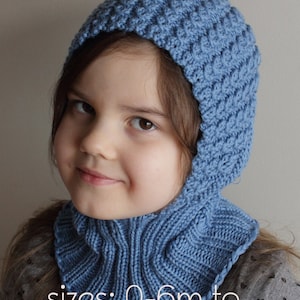 May include: A blue knitted hooded scarf and hat set for children. The set is available in sizes from 0-6 months to teen. The text "sizes: 0-6m to teen" is printed on the image.