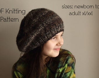 PDF Knitting Pattern, Beret Knitting Pattern, newborn to adult size, thick Aran yarn, slouchy beret hat, easy beginner friendly pattern