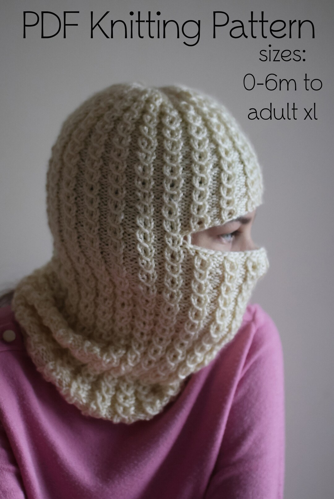 DOWNLOADABLE PDF PATTERN Balaclava Easy Ribbed Hat Hooded Scarf