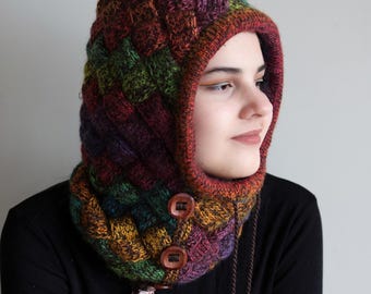 DOWNLOADABLE PDF PATTERN balaclava pattern, balaclava hood, knit balaclava, knitting pattern, knit pattern, entrelac balaclava with buttons
