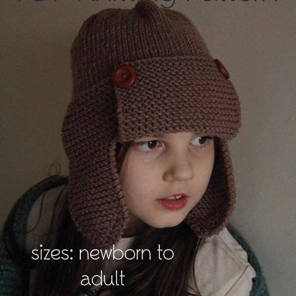 PDF Knitting Pattern, earflap hat knitting pattern,  knit flat, knit in the round, adult hat, mens hat, boys hat aviator hat aviator earflap