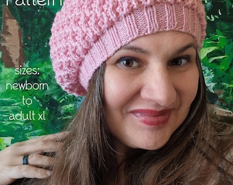 PDF Knitting Pattern, Beret Knitting Pattern, newborn to adult size, DK yarn, lace hat pattern, exquisite lace warm lined beret pattern