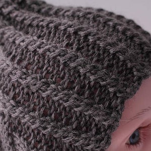 May include: A gray knitted beanie hat with a pointed top. The hat is made of a soft, textured yarn.