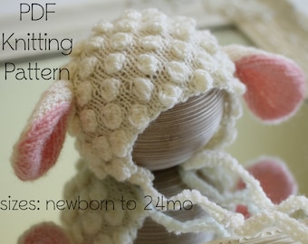 PDF KNITTING PATTERN baby bonnet pattern, photography prop pattern, photo prop, lamb baby hat, lamb baby bonnet, lamb bonnet, lamb hat, ears