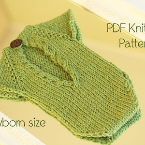 May include: A green knitted baby onesie with a button closure. The onesie is made with a simple stitch pattern and has a V-neckline. The text "PDF Knitting Pattern" and "newborn size" is visible in the image.